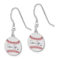 A pair of silver-toned dangle earrings with baseball-shaped pendants featuring red stitching and a signature, suspended from curved ear wires with small beads.