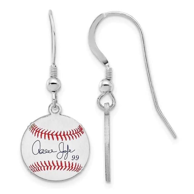Pair of silver-toned baseball earrings with fish hook wires, each featuring a white baseball with red stitching and a handwritten signature with the number 99.