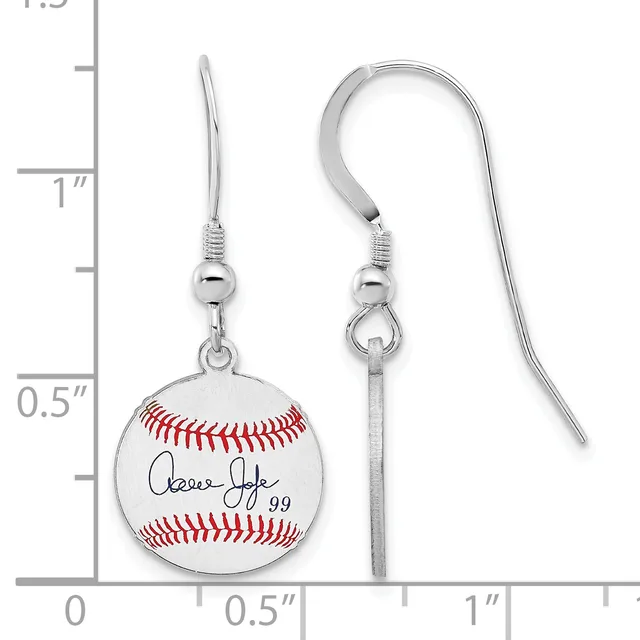 Pair of silver-toned fish hook earrings with small baseball pendants featuring red stitching and a signature, shown next to a ruler measuring approximately one inch in length.