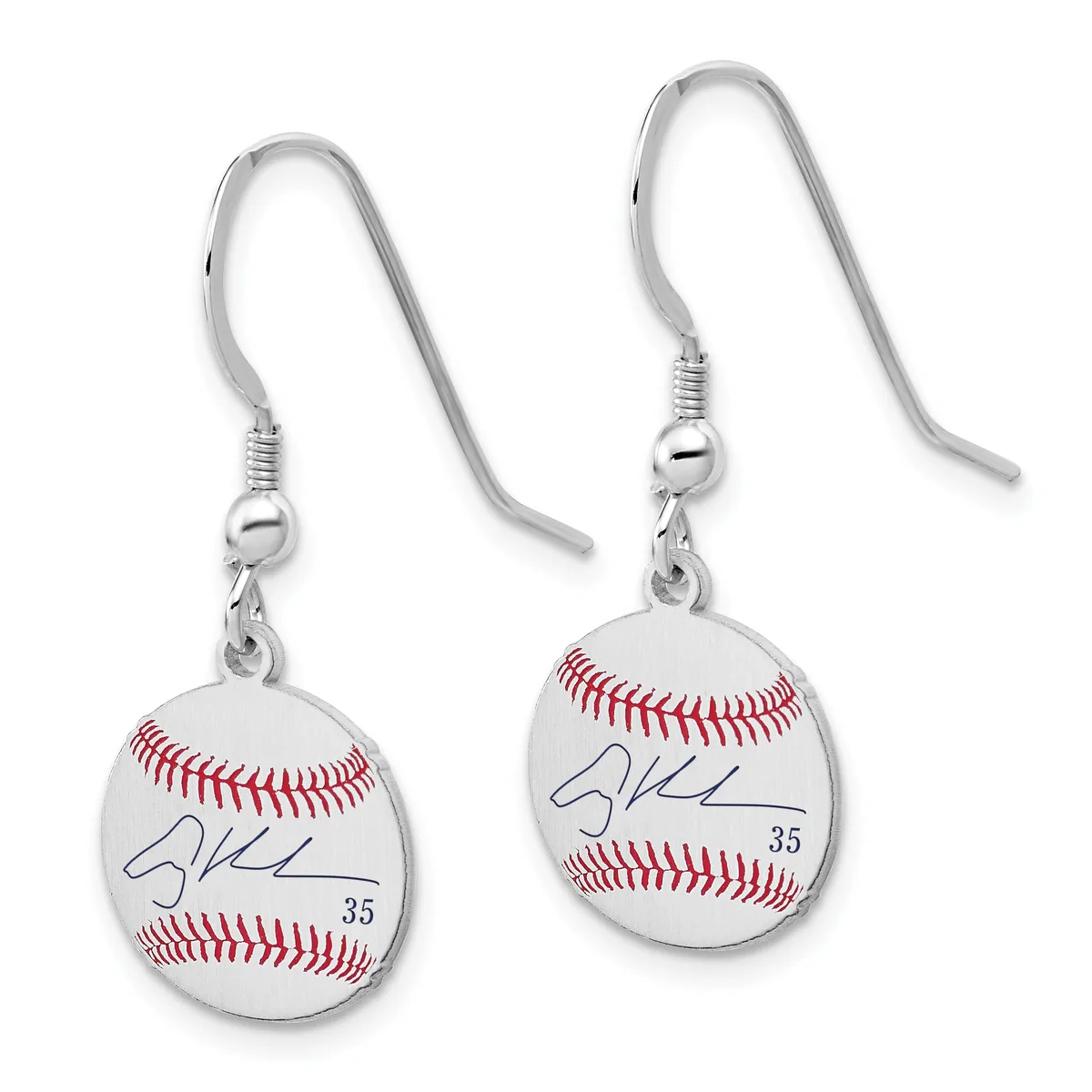 Pair of silver-toned dangle earrings with fish-hook closures, each featuring a baseball pendant with red stitching, a signature, and the number 35.