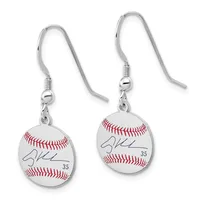 Pair of silver-toned dangle earrings with fish-hook closures, each featuring a baseball pendant with red stitching, a signature, and the number 35.