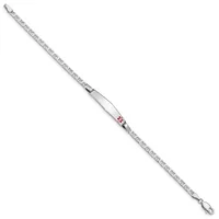 A long silver chain bracelet with a decorative patterned design, featuring a polished rectangular center section with a small red gemstone accent and a lobster clasp closure.
