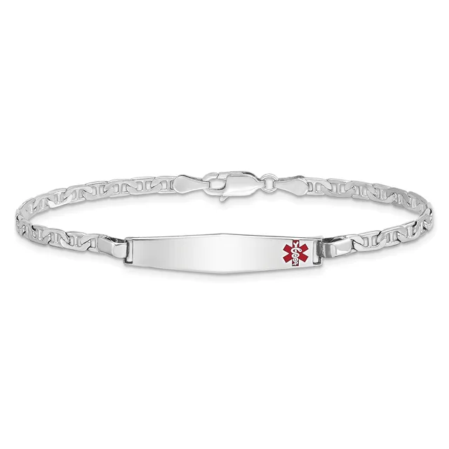 Silver medical alert bracelet with a flat rectangular ID plate engraved with a red medical symbol, connected to a chain link band with a lobster claw clasp.