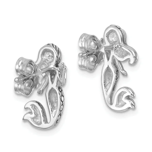 A pair of silver mermaid-shaped earrings with textured tails, displayed against a white background.