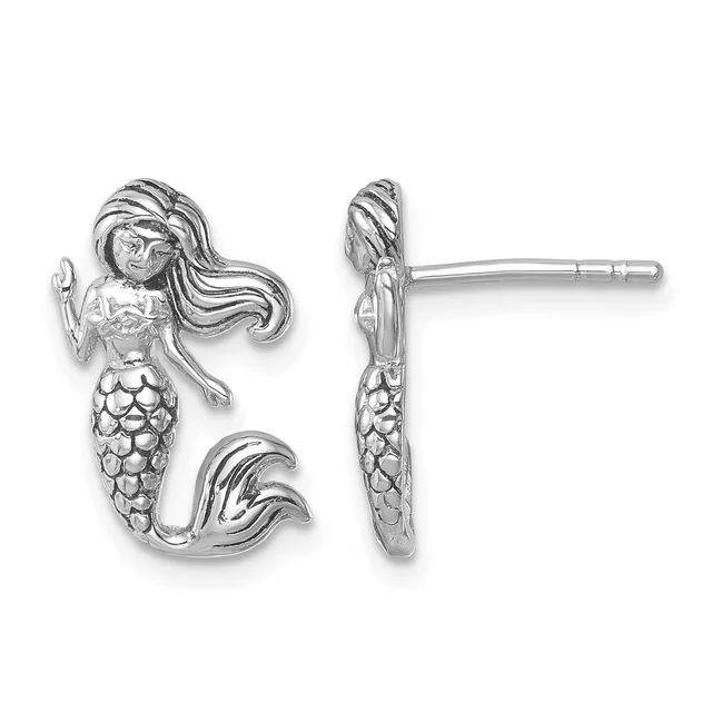 A pair of silver mermaid stud earrings shown from front and side views, featuring detailed tail scales and long flowing hair, with posts and backs.