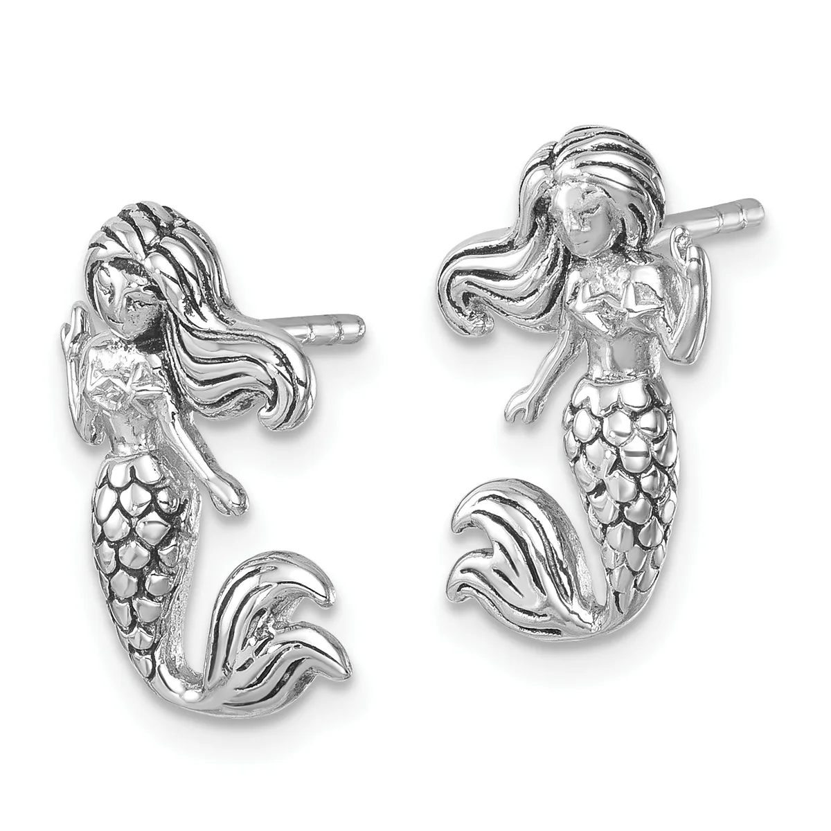 A pair of silver mermaid stud earrings with detailed hair, torsos, and scaled tail fins, shown from front and side angles.