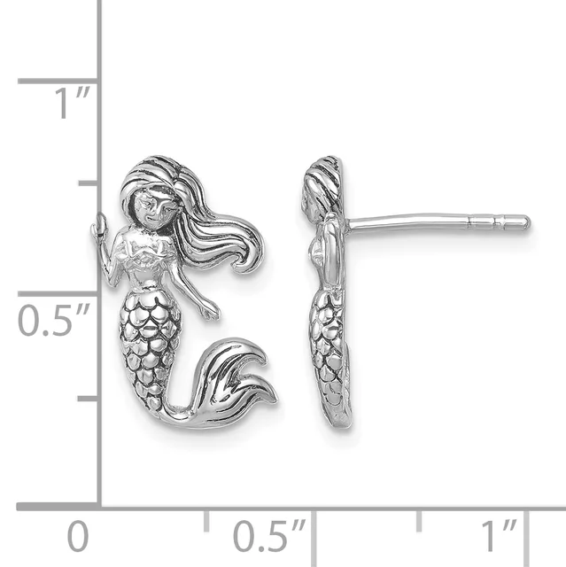 Silver mermaid stud earrings shown front and side view against a measurement scale, approximately 0.75 inches tall.