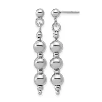 Pair of silver dangle earrings with polished spherical beads connected by small spacer rings, displayed against a white background.