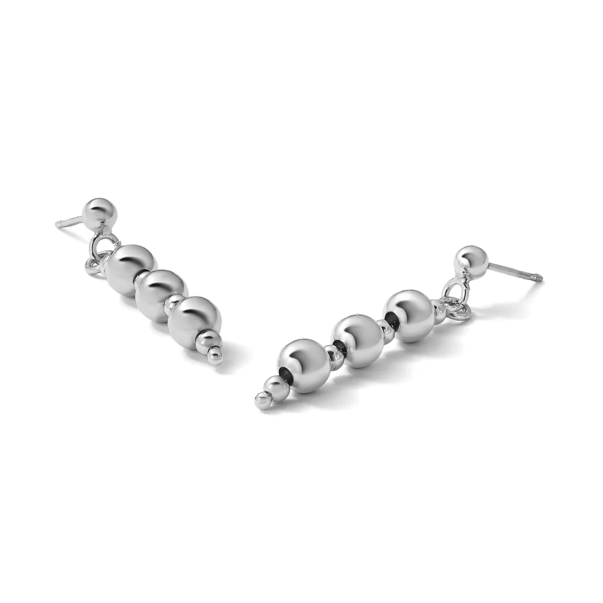 A pair of silver-toned dangle earrings with graduated spherical beads connected by small links, displayed against a white background.