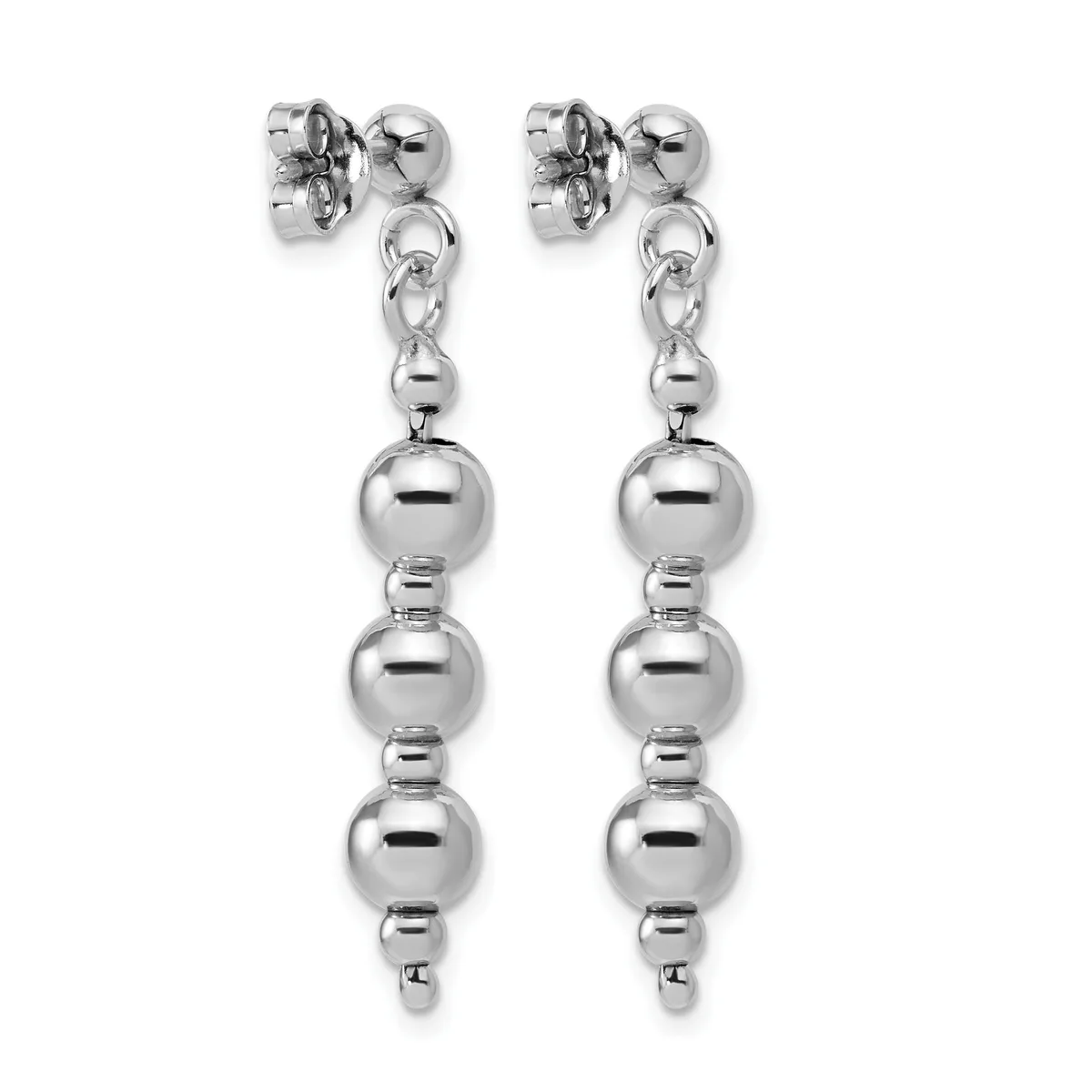 Pair of silver-toned dangle earrings with stud posts, each featuring three graduated spheres suspended from a chain link.