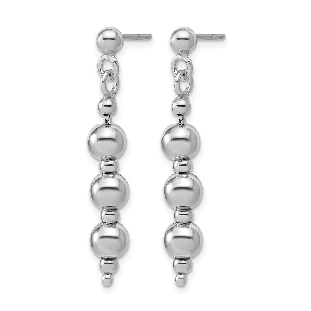 A pair of silver dangle earrings with stud posts, each featuring three graduated spheres connected by small cylindrical spacers.