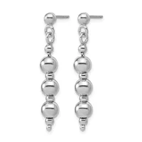 A pair of silver dangle earrings with stud posts, each featuring three graduated spheres connected by small cylindrical spacers.