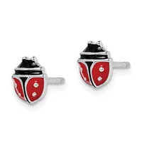 A pair of red and black enamel ladybug stud earrings with silver-tone metal posts and backs.
