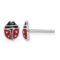 A pair of red and black enamel ladybug stud earrings with white dots, shown from front and side views with silver posts and backs.