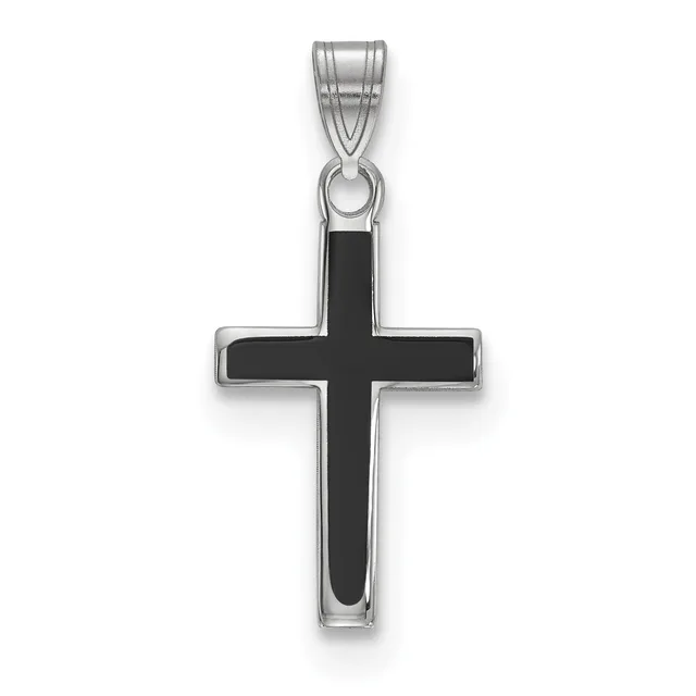 A silver cross pendant with a black enamel center and rounded rectangular outline, suspended from a silver bail.
