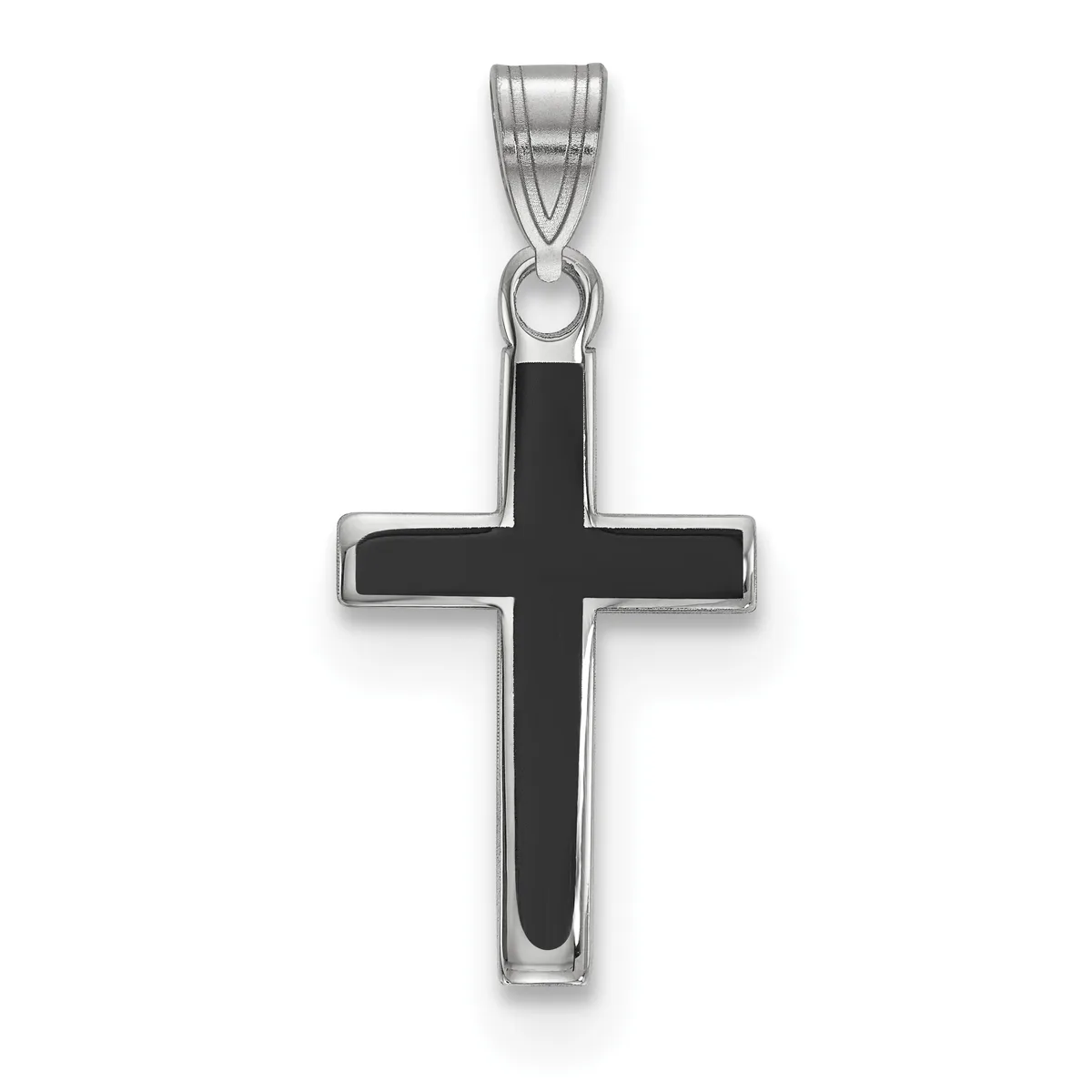 A silver cross pendant with a black enamel center and rounded rectangular outline, suspended from a silver bail.
