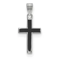 A silver cross pendant with a black enamel center and rounded rectangular outline, suspended from a silver bail.