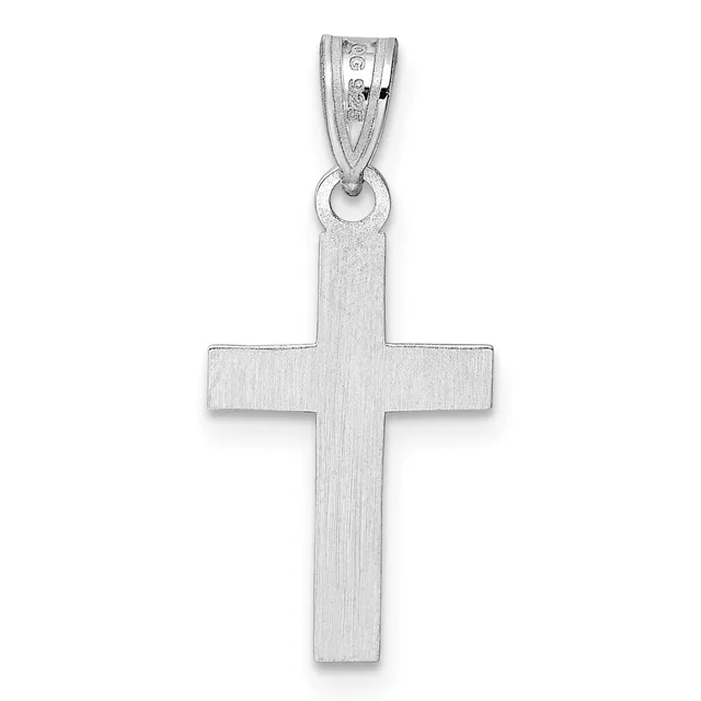 A brushed silver cross pendant with a rectangular bail attachment at the top, shown against a white background.