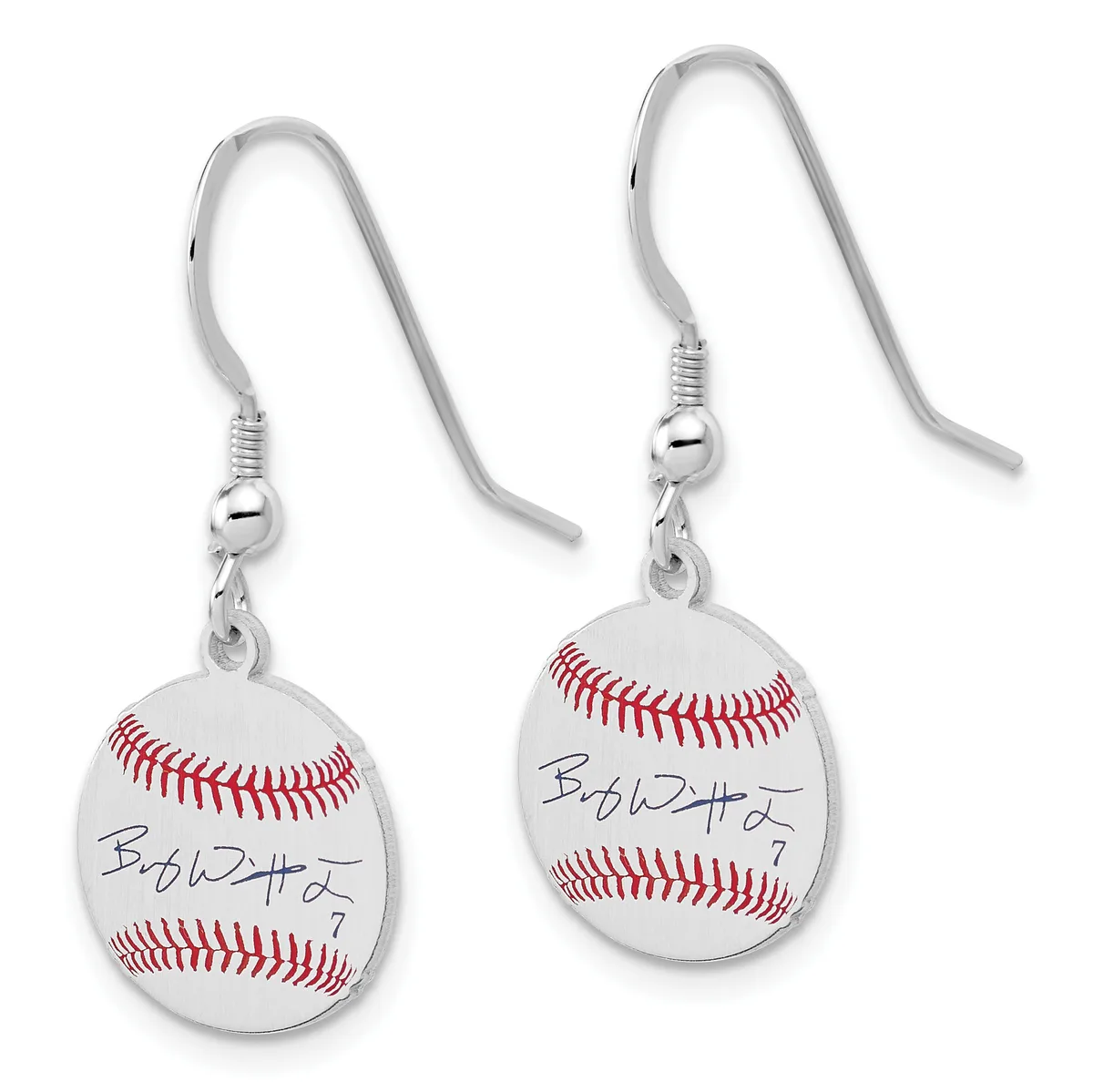 Pair of silver fish hook earrings with white baseball charms featuring red stitching and a handwritten signature.