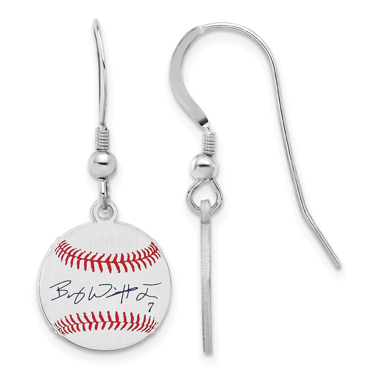 Pair of silver-toned earrings with fishhook closures, each featuring a small spherical baseball charm with red stitching and a handwritten signature.