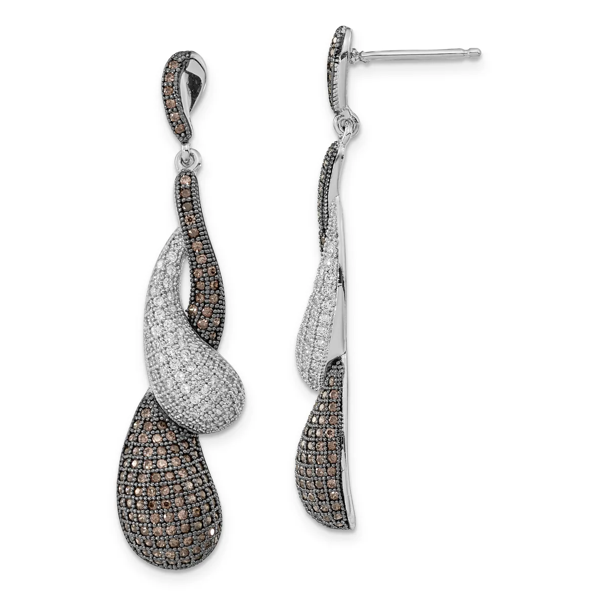 Pair of dangling earrings with twisted teardrop shapes alternating between white and brown pave-set cubic zirconia on sterling silver posts.