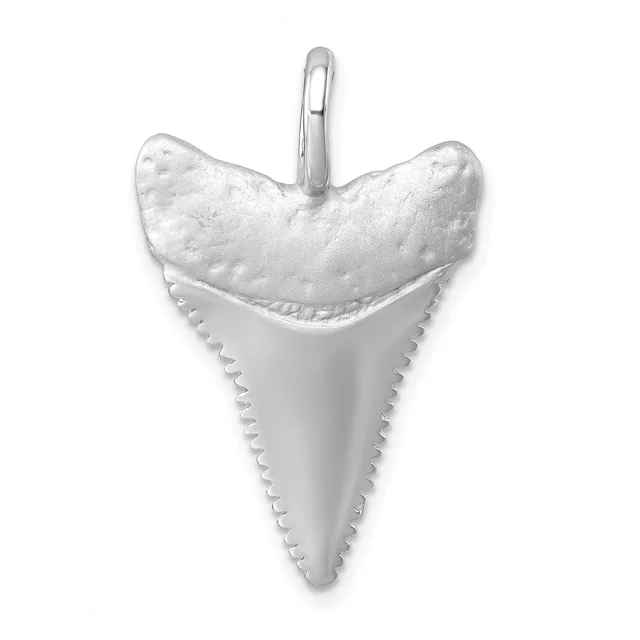 A silver shark tooth pendant with a textured upper edge and serrated sides, suspended from a small loop bail.