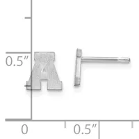 Pair of silver stud earrings shaped like the letter A, shown front and side view with a measurement scale indicating approximately 0.5 inches in height.