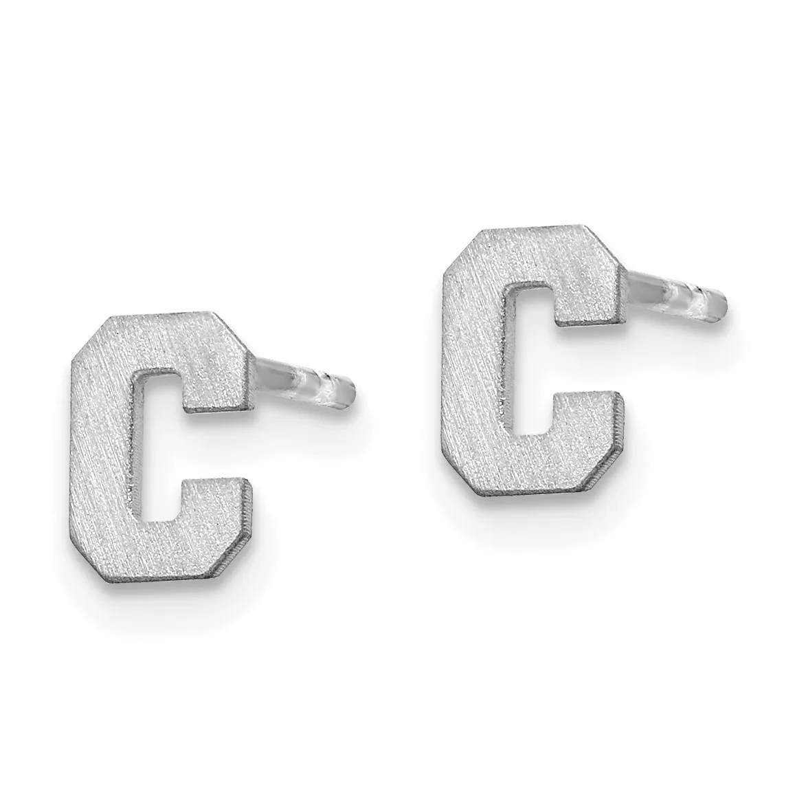 A pair of silver stud earrings shaped like the letter C with a brushed finish and small posts.