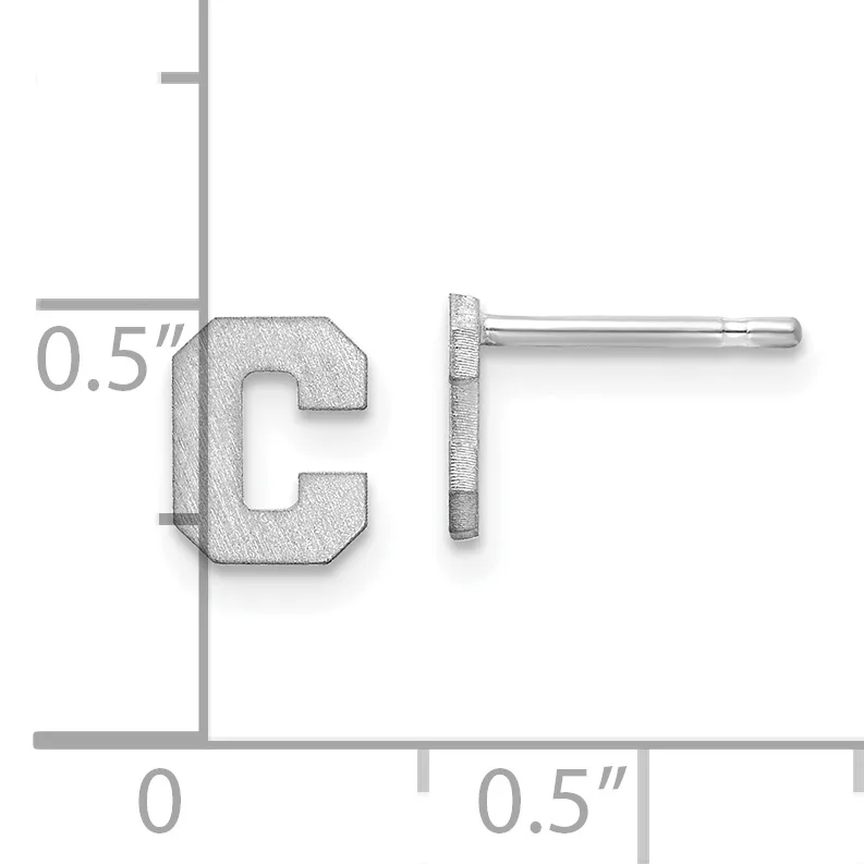 Silver stud earrings with a curved rectangular design, shown front and side view with measurement scale indicating 0.5 inch height and width.