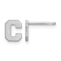 A pair of silver stud earrings shaped like the letter C, shown from front and side views, with a textured finish and thin posts.