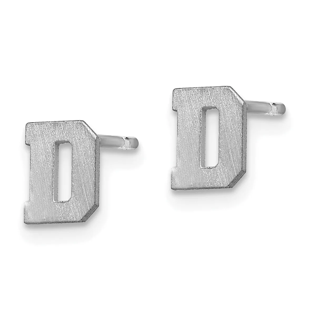 A pair of silver stud earrings shaped like the letter D with rectangular cutouts, displayed against a white background.