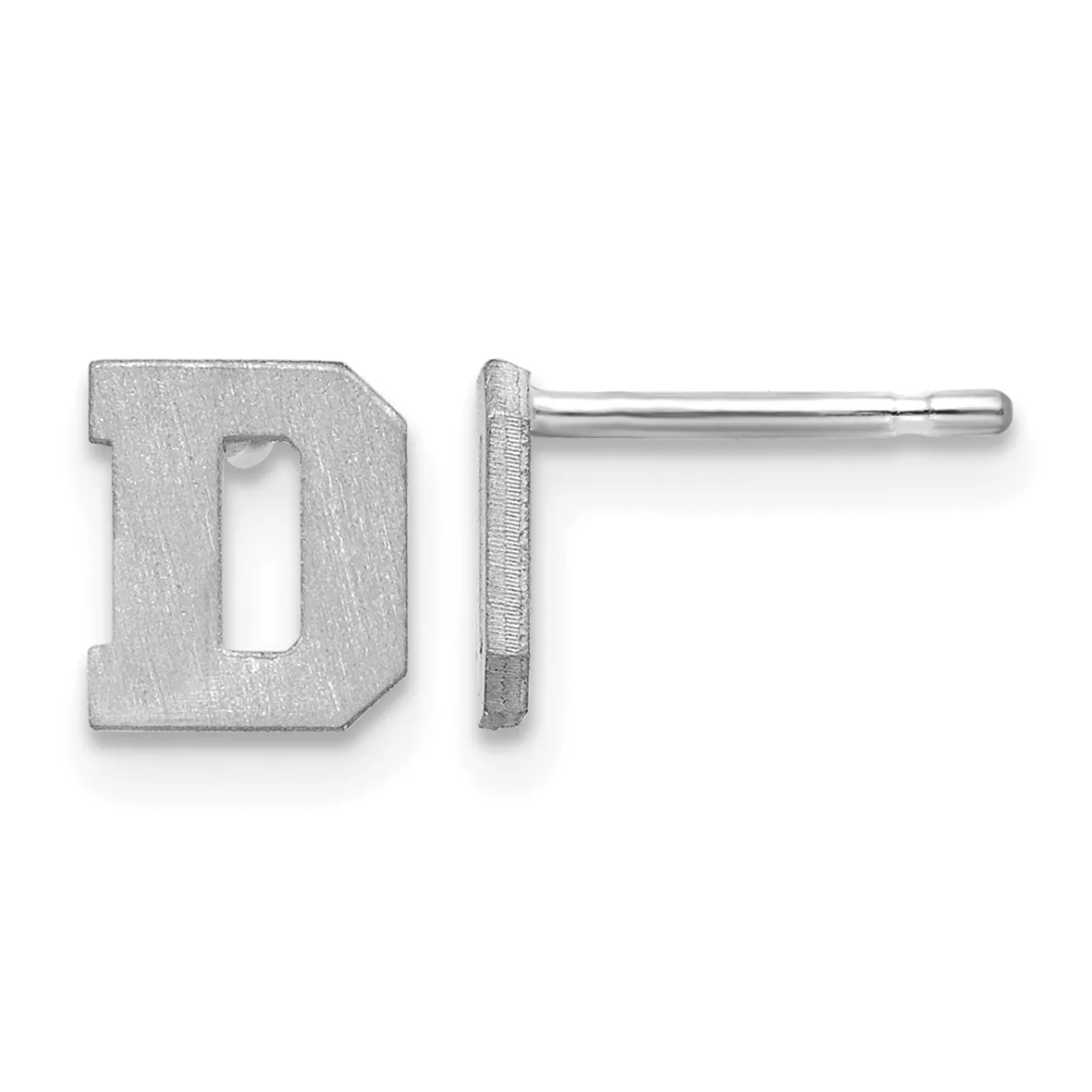 Pair of silver stud earrings shaped like the letter D, shown from front and side views with posts and backs visible.