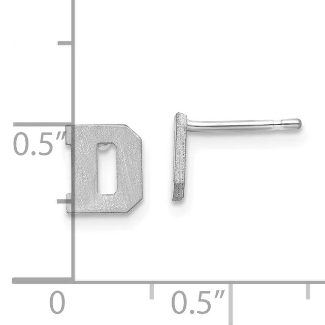 Two silver stud earrings shown against a ruler measuring approximately 0.5 inches, featuring a rectangular geometric design on one earring and a small rectangular post on the other.