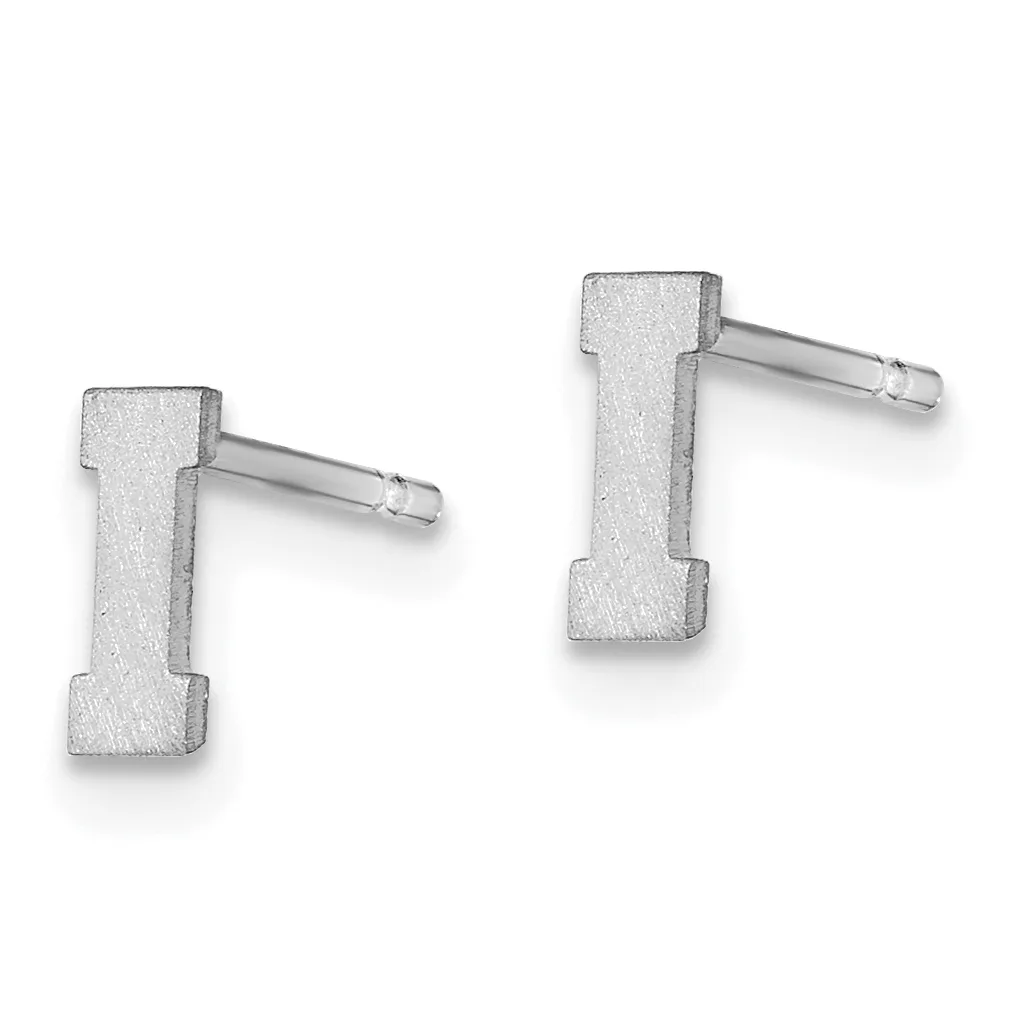 A pair of silver stud earrings shaped like the letter "I" with a brushed matte finish, shown from the front.