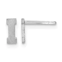A pair of silver stud earrings shaped like the letter "I" with a textured finish, shown from front and side views.