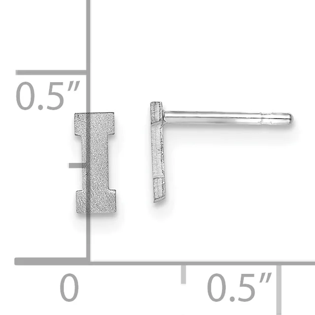 Two silver-toned stud earrings with a textured rectangular bar design, shown front and side views with measurement scale indicating 0.5 inches in length.