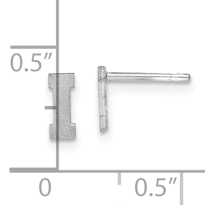 Two silver-toned stud earrings with a textured rectangular bar design, shown front and side views with measurement scale indicating 0.5 inches in length.