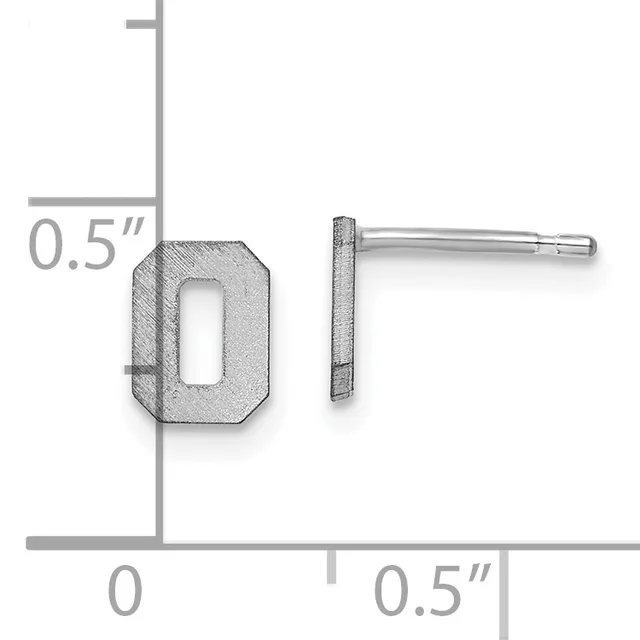 Silver stud earrings with rectangular open cutout design, shown from front and side views with measurement scale indicating 0.5 inch dimensions.
