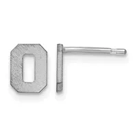 A pair of silver stud earrings with rectangular cutout designs, shown from front and side views.