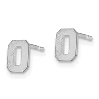 A pair of silver stud earrings with rectangular shapes featuring a cutout window detail and textured finish.