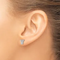 A small rectangular blue-grey stud earring worn in a pierced earlobe on a person with brown hair.