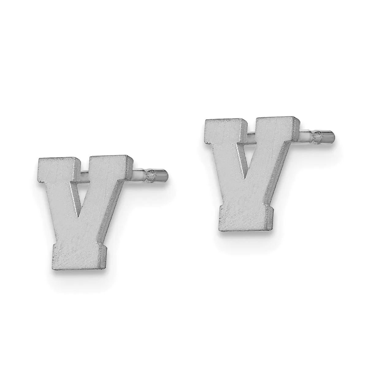 Pair of silver stud earrings shaped like the letter V with small posts and backs.