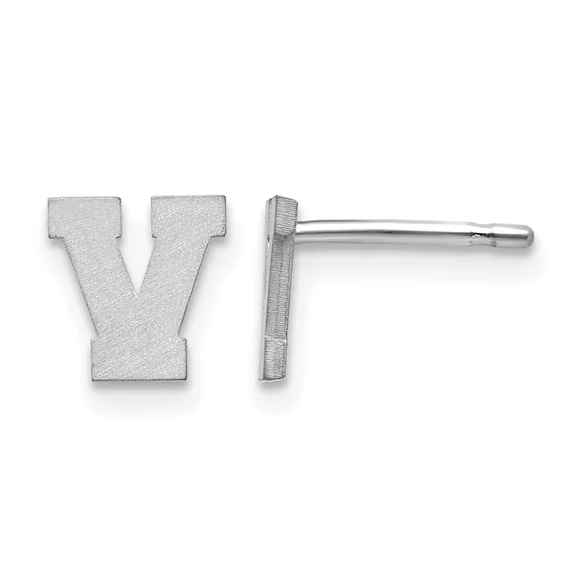 A pair of silver stud earrings shaped like the letter V, shown from front and side views.