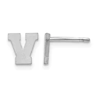 A pair of silver stud earrings shaped like the letter V, shown from front and side views.