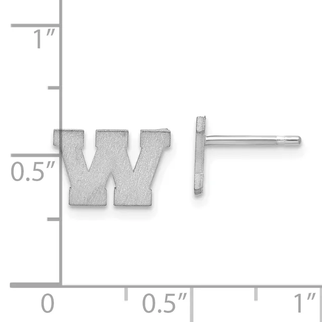 Two silver stud earrings featuring the letter "W" shown next to a ruler indicating they are approximately 0.5 inches tall and 0.5 inches wide.
