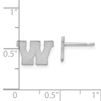 Two silver stud earrings featuring the letter "W" shown next to a ruler indicating they are approximately 0.5 inches tall and 0.5 inches wide.