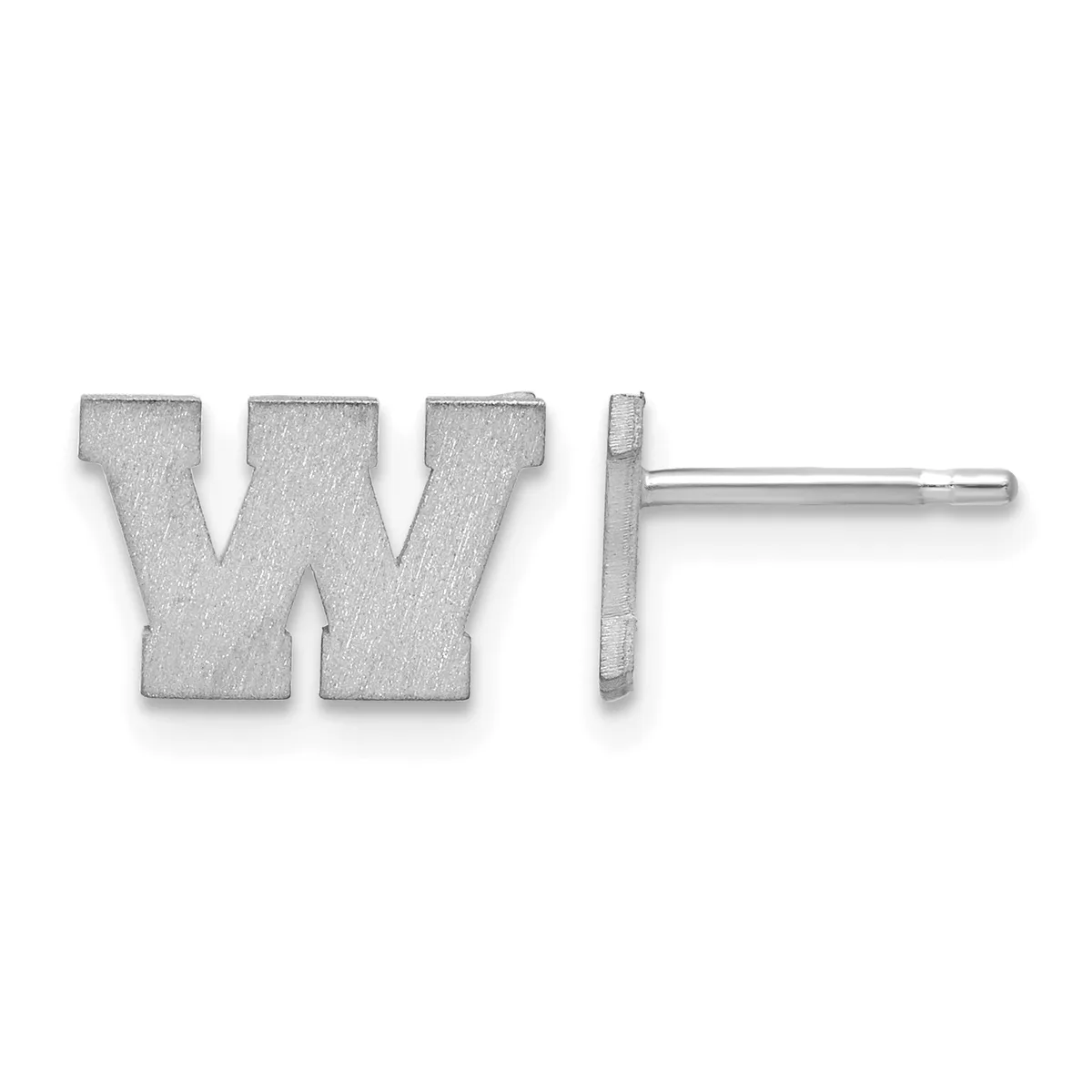 A pair of silver stud earrings shaped like the letters "W" and "I" with brushed metallic finish, shown from front and side views.