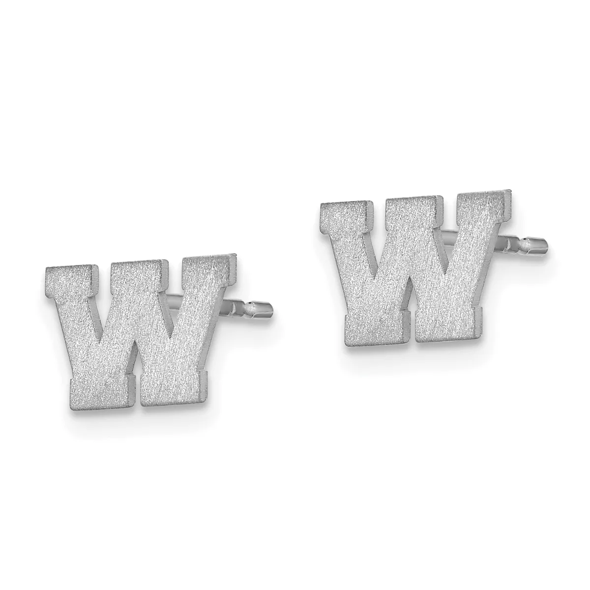 A pair of silver stud earrings shaped like the letter W with a textured finish and post backs.