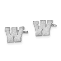 A pair of silver stud earrings shaped like the letter W with a textured finish and post backs.