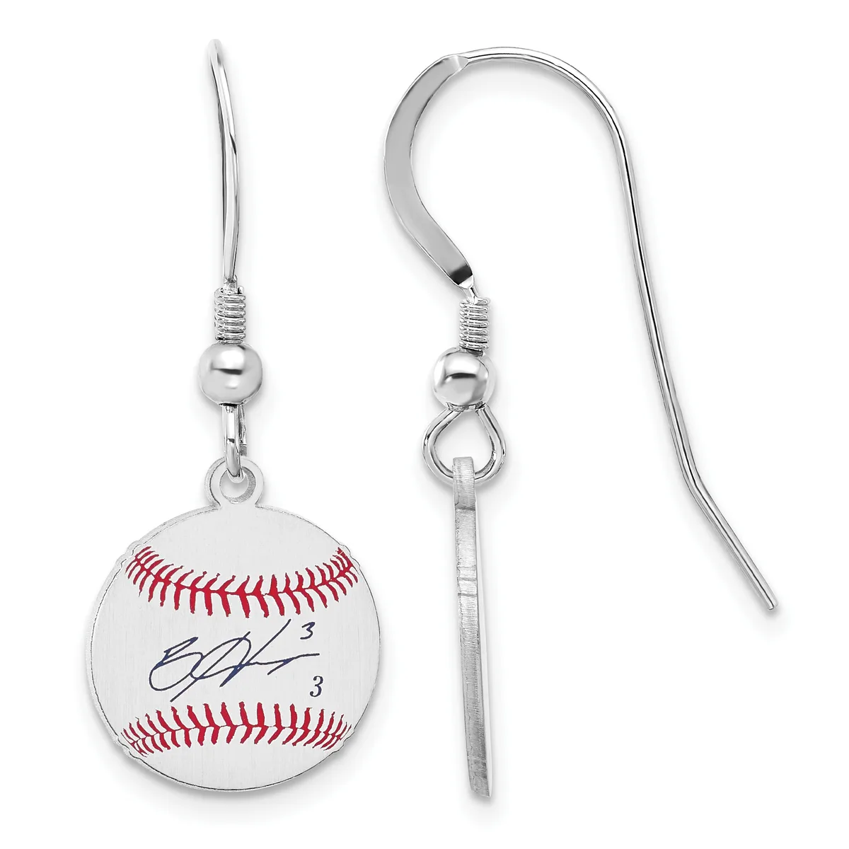 Pair of silver-toned earrings with fish hook wires, each featuring a round baseball pendant with red stitching and a blue signature.